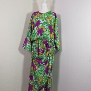 Pellini by Von Bramlett Vintage Floral Caftan Dress Sz 18  Tropical Maxi Lounger